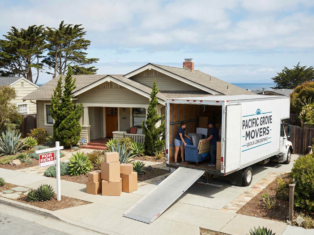 Moving van in the driveway of a coastal home.