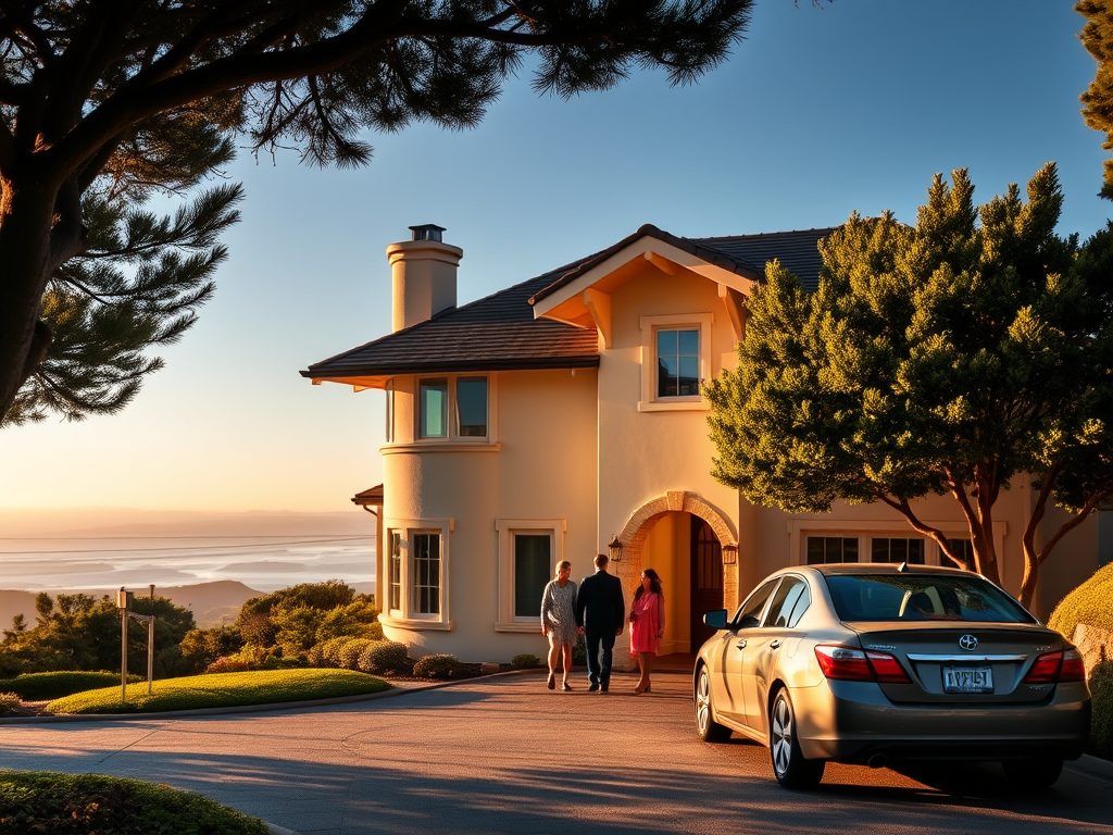 A small group entering a coastal home at sunset.