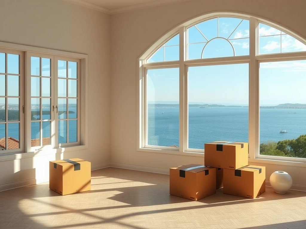 Empty living room with moving boxes.